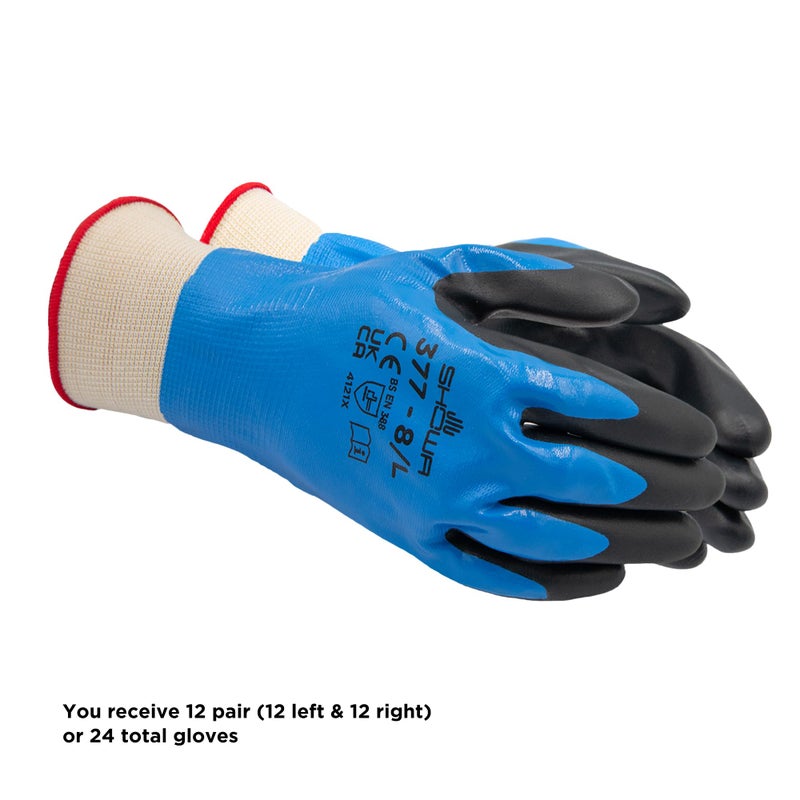 SHOWA 377 Nitrile/Nitrile Foam Fully Coated General Purpose Work Gloves with Poly/Nylon Liner, 13-Gauge, Large (12 Pair) - Image 3